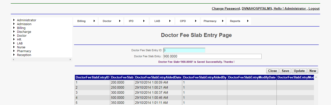 DVNA Hospital Management Software Doctor Fee Slab Entry Page
